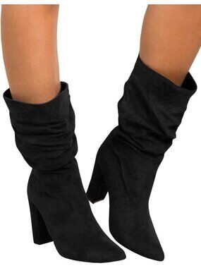 Women's Black Winter Slouchy High Heel Boots Mid Calf Suede Slip on Pointed Toe